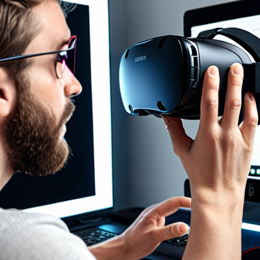 ** A person checking VR headset and computer specs for compatibility.
**