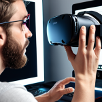 ** A person checking VR headset and computer specs for compatibility.

**