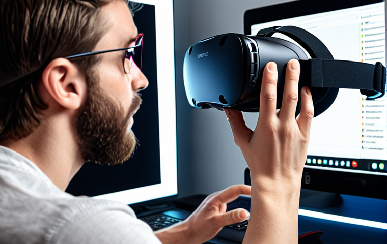 ** A person checking VR headset and computer specs for compatibility.
**