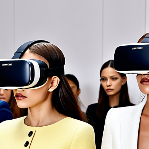 Home 6 ** People attending an international fashion show virtually using VR headsets to view designer collections.
**
