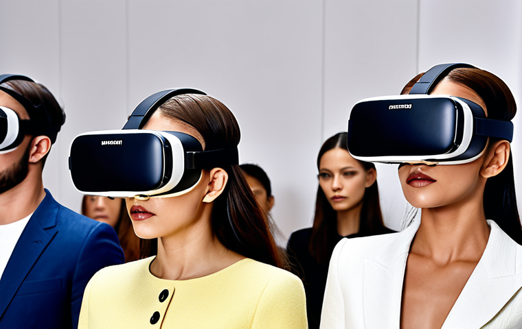 ** People attending an international fashion show virtually using VR headsets to view designer collections.
**