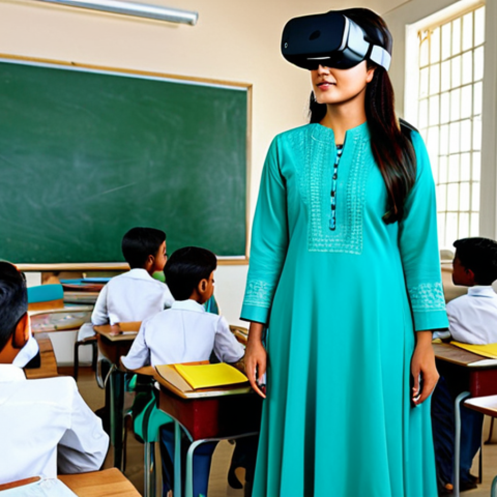 **
A professional teacher, fully clothed in a modest salwar kameez, guiding students wearing VR headsets in a bright, modern classroom. The VR displays show educational content like human anatomy or historical landmarks. Safe for work, appropriate content, perfect anatomy, correct proportions, natural pose, well-lit, family-friendly.
**