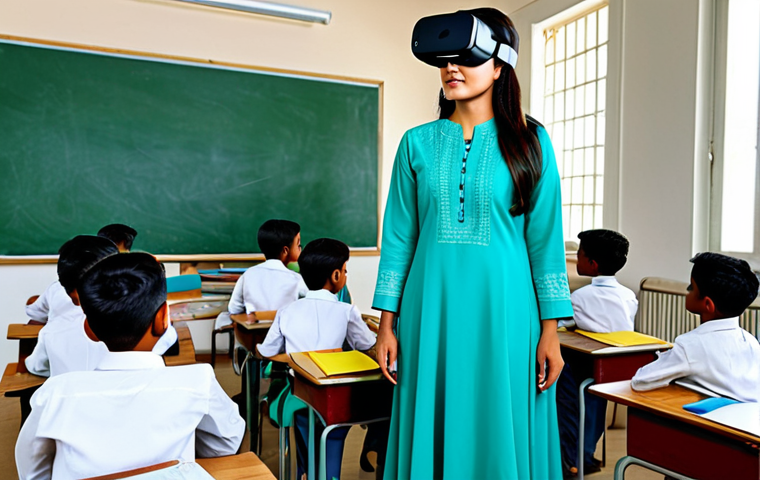 **
A professional teacher, fully clothed in a modest salwar kameez, guiding students wearing VR headsets in a bright, modern classroom. The VR displays show educational content like human anatomy or historical landmarks. Safe for work, appropriate content, perfect anatomy, correct proportions, natural pose, well-lit, family-friendly.
**