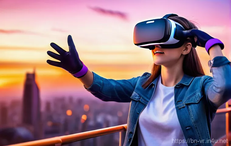 가상현실에서의 신체 반응 - **Prompt:** "A young adult, with an expression of awe and slight exhilaration, is fully immersed in ...