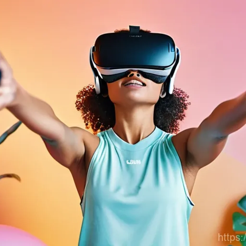 VR 게임 하드웨어 - **Prompt:** A person in their late 20s, wearing stylish and modest athletic clothing, experiencing e...