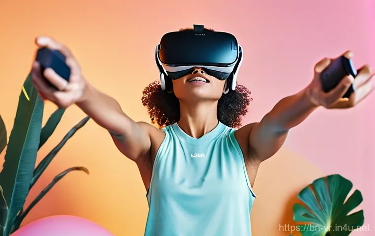 VR 게임 하드웨어 - **Prompt:** A person in their late 20s, wearing stylish and modest athletic clothing, experiencing e...