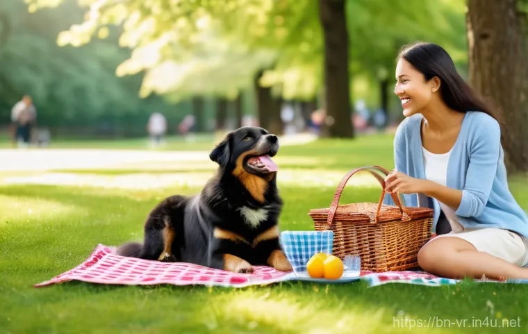 VR 인공지능 AI 활용 - A joyful family picnic in a sun-drenched park. Parents and their two children, a boy and a girl, are...