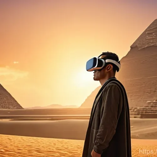 Home 25 가상현실로 공부하는 역사 - **Prompt 1: Ancient Egypt VR Immersion**
"A person, aged around 20-30, wearing a sleek, futurist...