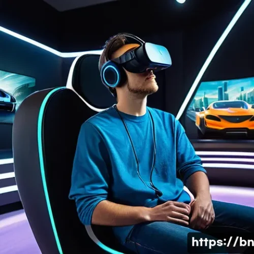 Home 11 VR로 인한 피로도 - **Prompt:** A young adult (wearing a comfortable, modest t-shirt and jeans) is fully immersed in a h...