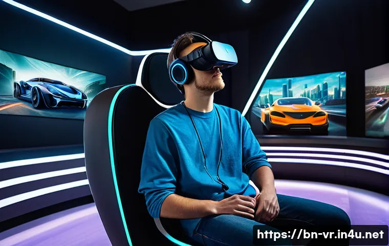 VR로 인한 피로도 - **Prompt:** A young adult (wearing a comfortable, modest t-shirt and jeans) is fully immersed in a h...